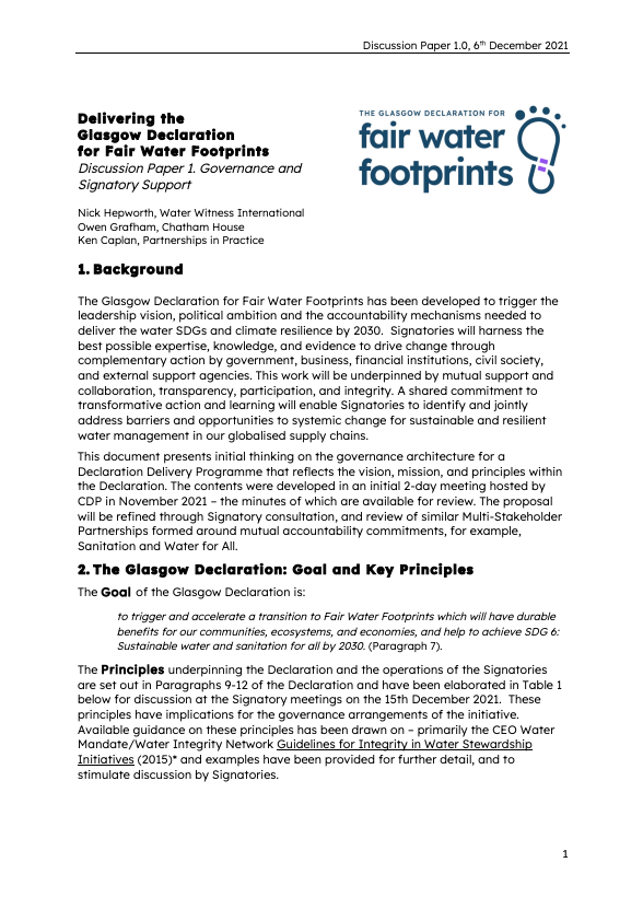 Delivering the Glasgow Declaration for Fair Water Footprints Discussion Paper 1. Governance and Signatory Support