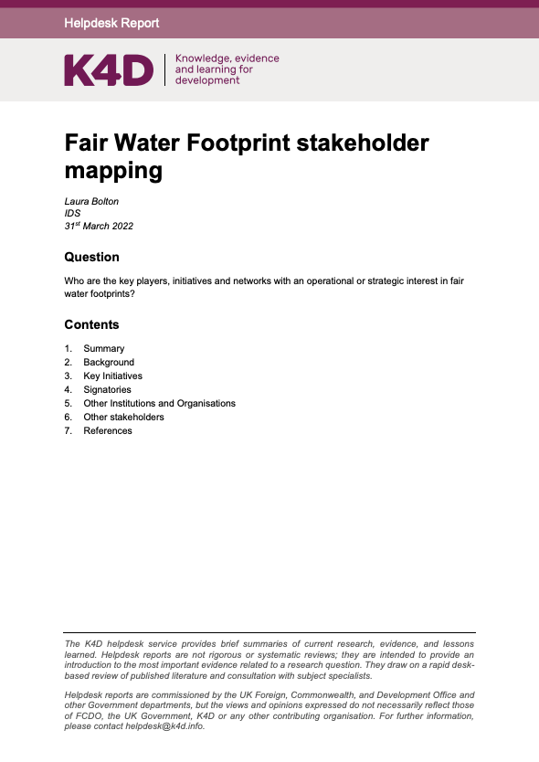 Helpdesk Report K4D Knowledge, evidence and learning for development Fair Water Footprint stakeholder mapping