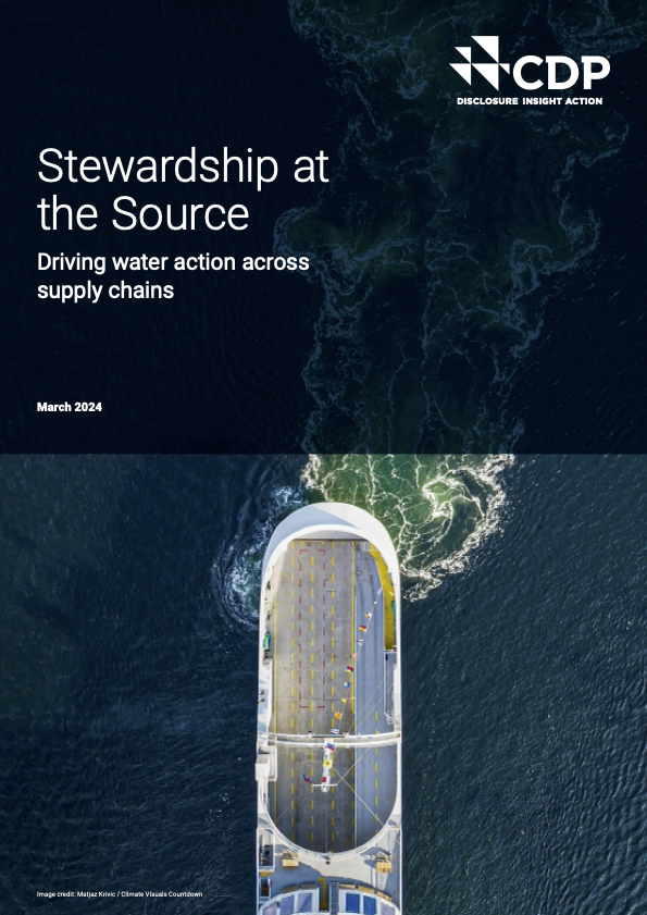 Text: CDP Stewardship at the Source Driving water action across supply chains Global Water Report 2023 Image: Vehicle ferry in water from above