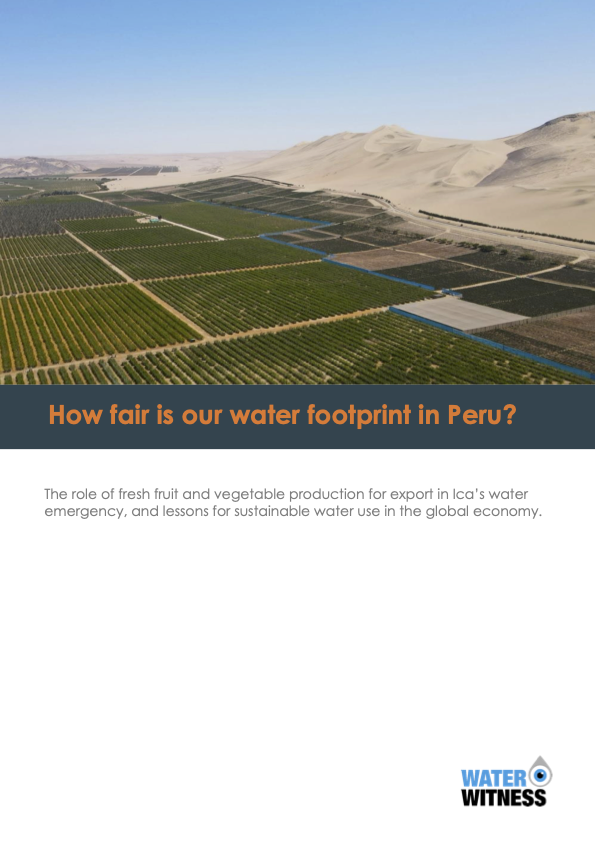 Cultivated land with sand dunes in background. Txt: How Fair is our Water Footprint in Peru?