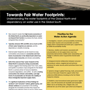 Cultivated land with sand dunes in background Text: Towards Fair Water Footprints: Understanding the water footprints of the Global North and dependency on water use in the Global South