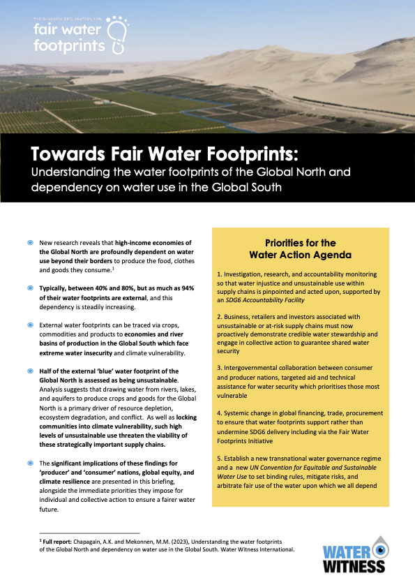 Cultivated land with sand dunes in background Text: Towards Fair Water Footprints: Understanding the water footprints of the Global North and dependency on water use in the Global South